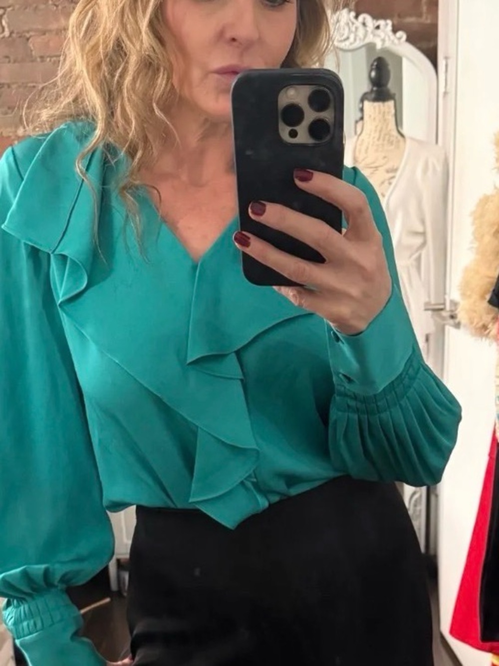 Emanuel Ungaro Teal Ruffle V-Neck Blouse